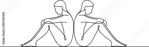 Two minimalist line art figures sit back-to-back, symbolizing disconnect or introspection.