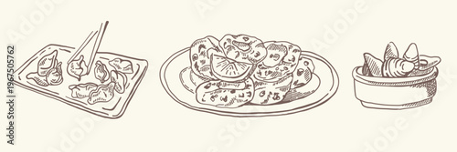 Asian cuisine dishes, dumplings and seafood hand drawn illustration