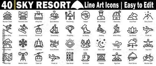 Sky resort line art icons set. Featuring luxury mountain vacation hotel amenities, winter sports services, recreational activities, and travel accommodation features vector illustration.