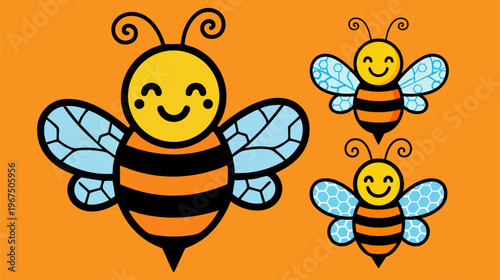 Cute bumblebee cartoon character set, happy honey bee vector illustrations with blue wings, friendly insect mascot icons on orange background