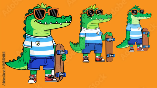 Cool cartoon crocodile character with skateboard and sunglasses, green alligator skater mascot in striped shirt, urban reptile vector illustration