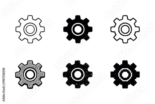 Toothed gear wheel component used in machinery to transfer rotational force | Create ONE image containing EXACTLY six versions of