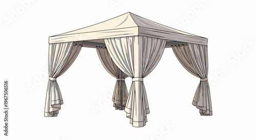 A beige gazebo with curtains tied back on a transparent background