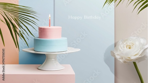 Colorful Birthday Cake With Candle on Stand in a Decorated Space for Celebrat...