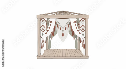 Beautiful wooden gazebo with decorative hanging fabrics and tassels  bohemian style outdoor structure