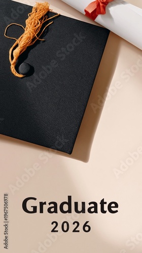 Graduation Cap and Diploma Rolled up on a Light Background for the Class of 2026