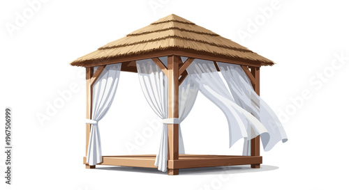 A wooden gazebo with thatched roof and white curtains isolated on transparent background