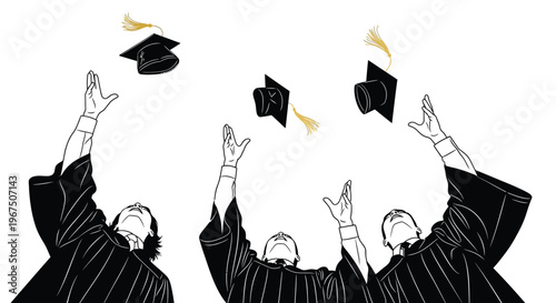 Graduating students in caps and gowns joyfully toss their academic hats into the air, celebrating their educational achievements and future aspirations.