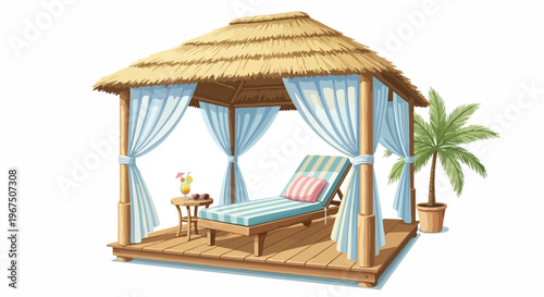 Cartoon illustration of beach hut with chaise lounge and palm tree  summer vacation