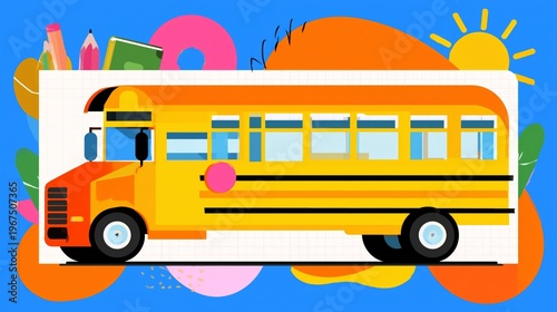 Yellow School Bus on a Bright Blue Background With Colorful Patterns