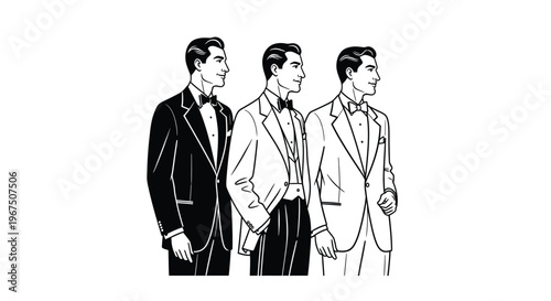 Gentlemen in formal attire, including tuxedos and suits, stand together confidently against a plain background, showcasing timeless elegance and sophistication for special occasions.