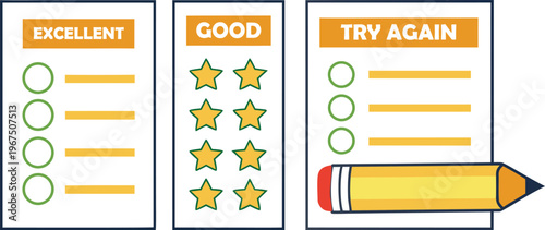 Teacher grading marks set with excelle good try again stamps and pencil