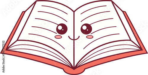 Smiling open book with face and red trim on white background smiling book cartoon book
