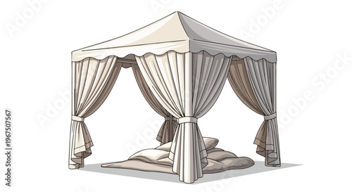 Illustration of a white fabric canopy tent with tied curtains and cushions inside