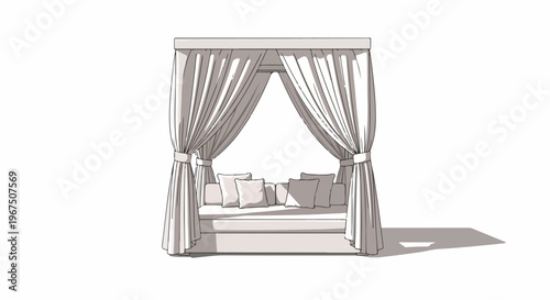 Luxurious outdoor daybed with curtains and pillows on white background