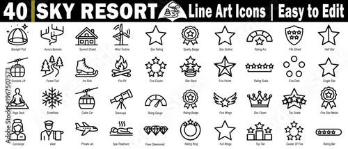 Sky resort line art icons set. Collection of luxury mountain vacation hotel amenities, winter sports services, recreational activities, and travel accommodation features vector illustration.