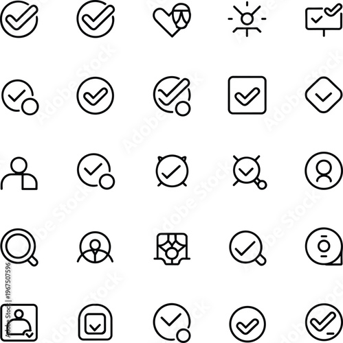 Approval check mark icon set line vector collection featuring verification, validation, confirmation, user interface symbols illustration design