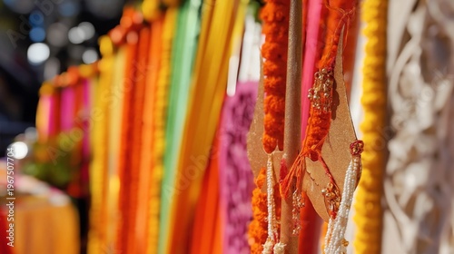 Colorful Decorations Hang at a Market During a Festival in a Busy Urban Setting