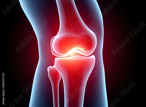 A medical illustration of a human knee joint with highlighted pain or inflammation