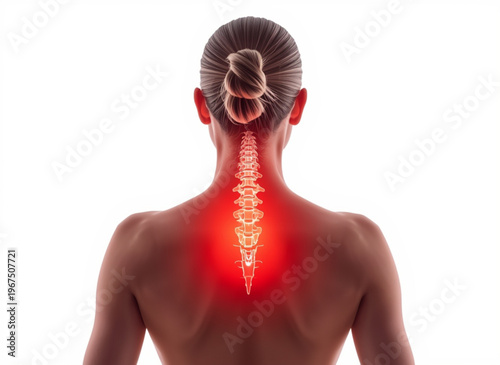 A woman with her back to the camera, highlighting her spine and neck pain