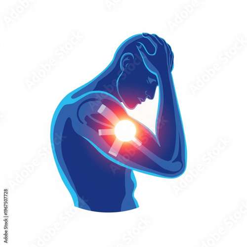 A blue silhouette of a man clutching his painful shoulder with a glowing red spot indicating injury or stress.