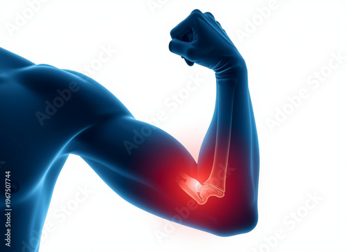 A muscular arm with a glowing red elbow joint indicating pain or injury