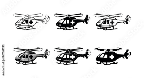 Rescue helicopter with spinning rotor blades and medical insignia, designed for rapid air evacuation of injured people | Create