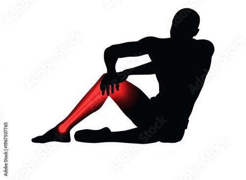 A silhouette of a person sitting with a painful leg highlighted in red