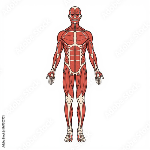 A detailed illustration of the human muscular system, showcasing red muscles and white bones on a plain background.