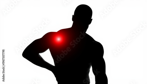 A muscular man in a black silhouette with a red glowing pain spot on his shoulder