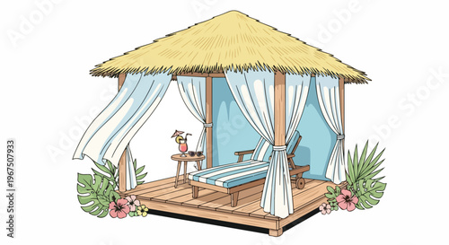 Tropical beach hut with thatched roof and wooden deck furniture  summer vacation relaxation