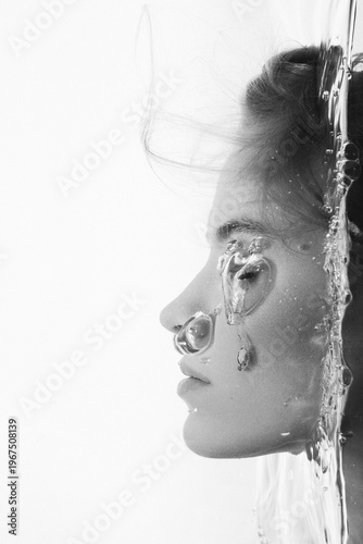 portrait of a girl under water, a black and white photo
