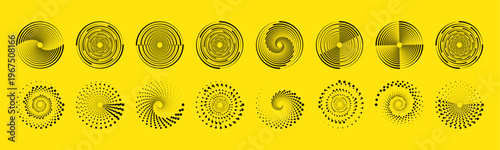 Round halftone pattern forms a rotating visual effect with layered dotted circles. Smooth transitions enhance the sense of motion. A stylish geometric vector design.