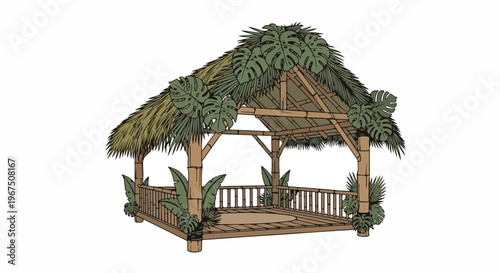 Tropical wooden hut with thatched roof and green plants around  outdoor shelter