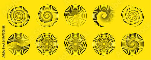 Round dotted lines rotate visually, forming a dynamic spiral effect with balanced geometry. Subtle variations in dot size add depth. A sleek vector illustration for modern layouts.