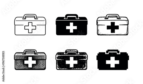 First aid supply box with large cross symbol on lid used for emergency preparedness | Create ONE image containing EXACTLY six