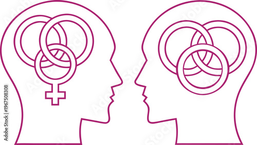 Two head silhouettes with abstract shapes and gender symbols female symbol male symbol