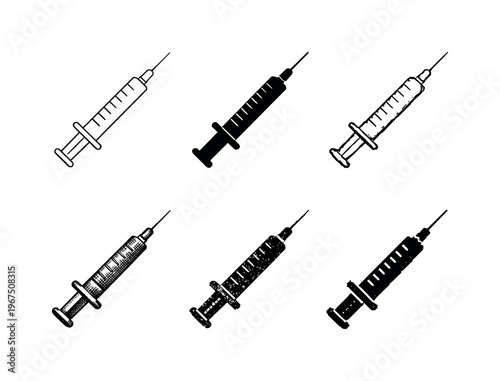 Hypodermic syringe injection tool with measurement markings and sharp tip for clinical use | Create ONE image containing EXACTLY