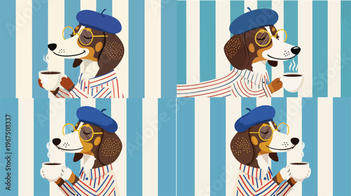 French style dachshund dog vector set, cute cartoon puppy wearing beret and glasses drinking coffee, stylish pet character illustration