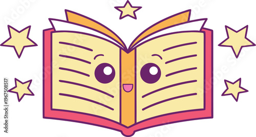 Smiling open book with face and stars cartoon book smiling book