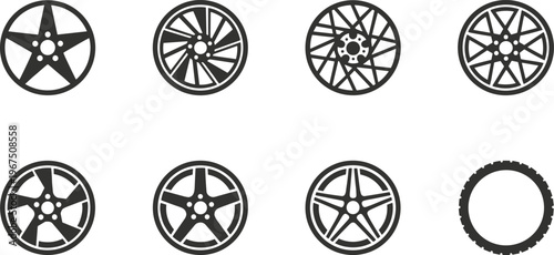 Automotive wheel icon set featuring various car rim spoke designs, rubber tire treads, and vehicle alloy wheel silhouettes for transport.
