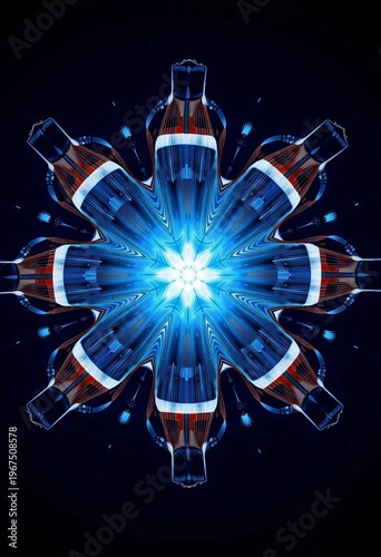 Symmetrical Illuminated Pattern Featuring Digital Reflections of Bottle Silhouettes in Kaleidoscopic Blue Light Design