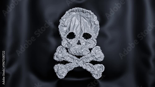 3D deflating skull and crossbones sign silky ripple fluid background