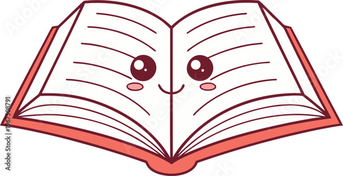 Smiling open book with face and red trim on white background smiling book cartoon book
