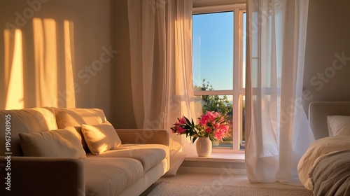 Bright Display of Tropical Fruits and Flowers on a Colorful Surface in a Modern Setting