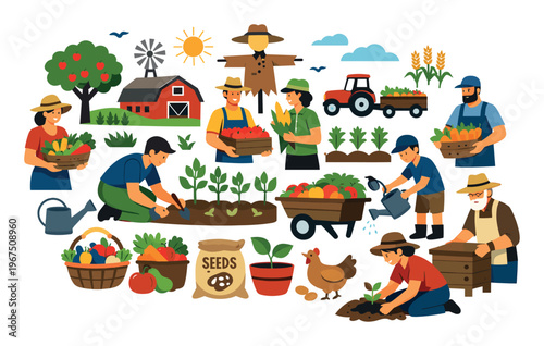 Farmers engaged in various agricultural activities, cultivating and harvesting fruits and vegetables, illustrating a sustainable rural farming lifestyle