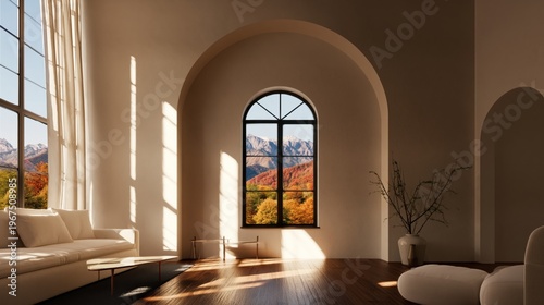 Sunlight Streams Through a Large Window in a Room With a View of Mountains an...