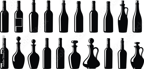 Black silhouette bottle illustration, wine liquor decanter icon set, beverage container design, minimalist concept art, drink storage lifestyle theme