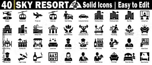 Solid sky resort icons for luxury mountain travel, high-end hotel services, winter leisure activities, and professional property management branding elements, vector illustration.