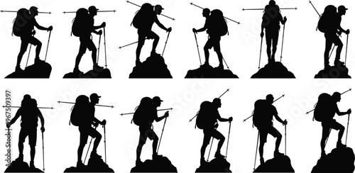 Black silhouette hikers illustration, trekking with backpacks and poles, outdoor adventure climbing rocky terrain, minimalist hiking poses, mountain exploration design